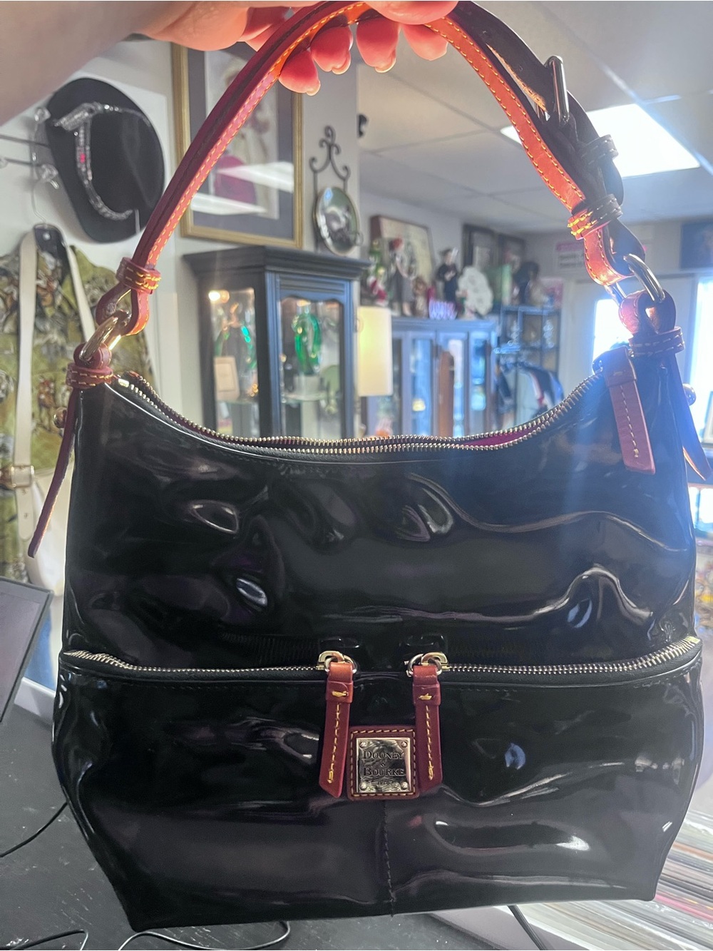 Dooney & Bourke Black Patent Shoulder Bag with Burgundy and Orange Trim - Picture 1 of 1